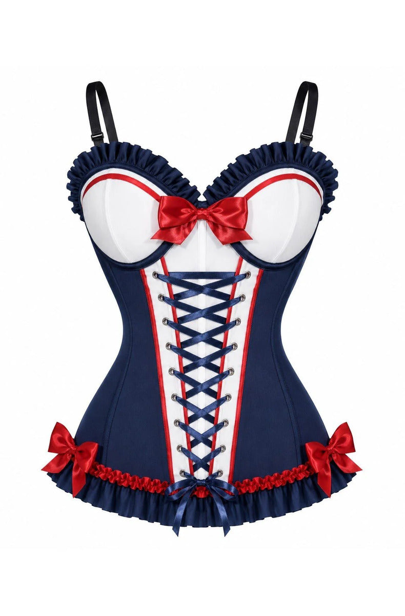 Navy sailor corset with white underwire cups, red satin bow, navy lace-up front, and ruffle hem with red bows