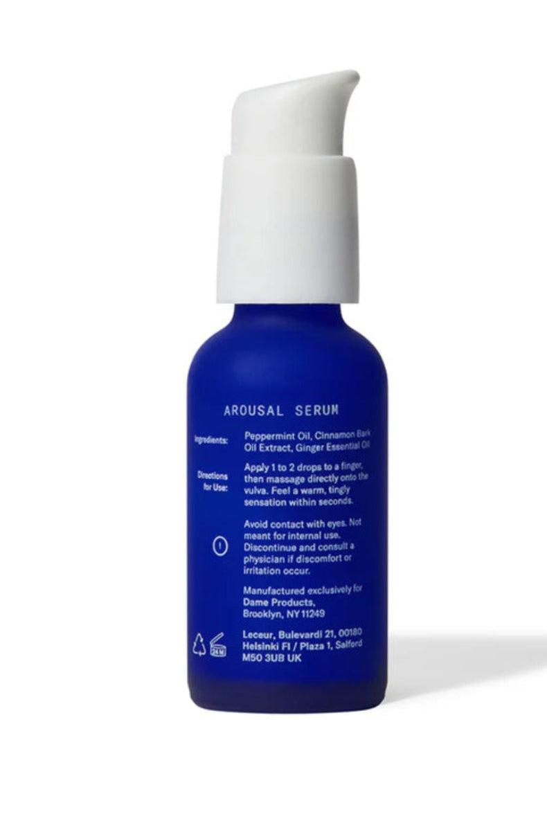 Dame Arousal Serum bottle back with ingredients and directions