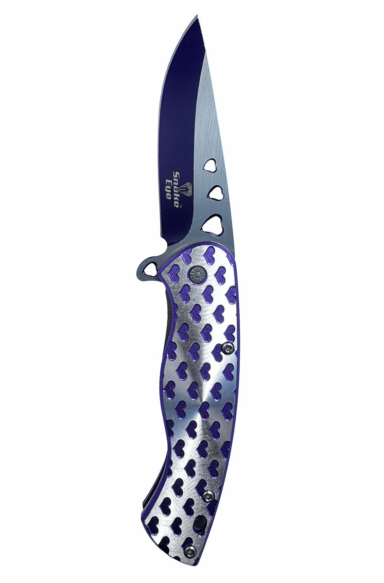 Heart shapes spring assist knife purple silver aesthetic tactical blade