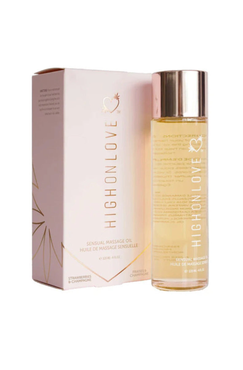 HighOnLove Sensual Massage Oil in Strawberries and Champagne, bottle and box