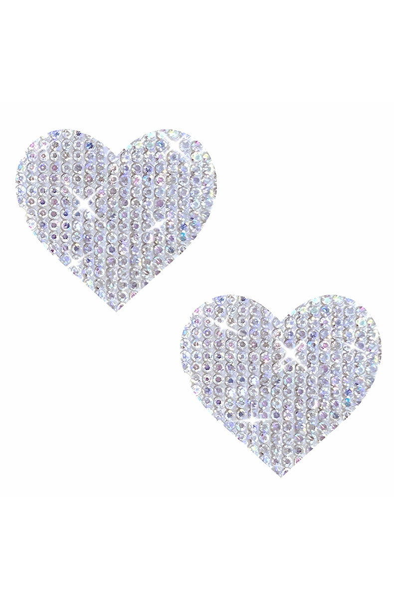 Two heart-shaped pasties covered edge to edge in a dense grid of clear AB-coated rhinestones.