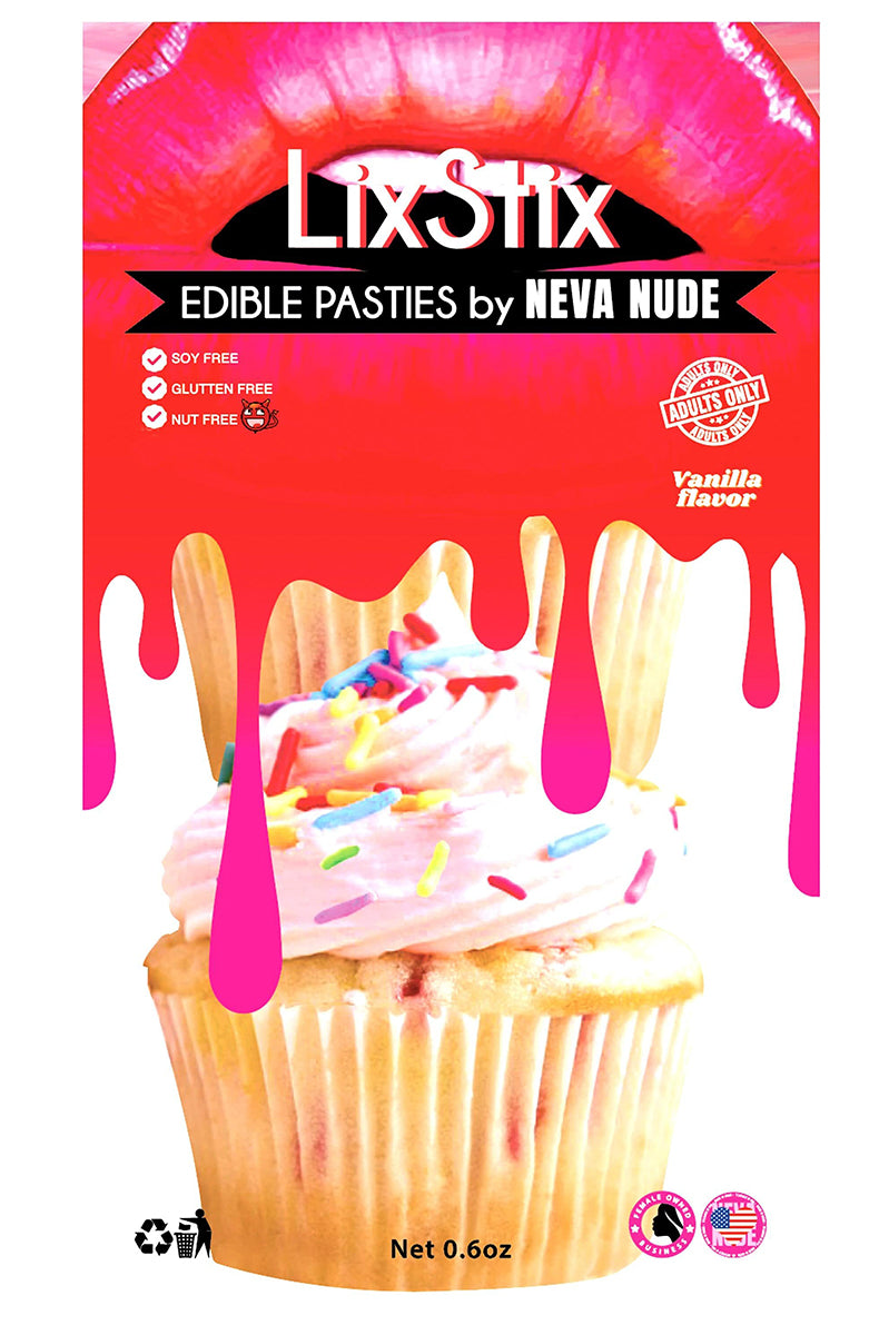 LixStix Vanilla Cupcake package with 2 large cupcake-shaped pasties and 12 small heart-shaped pasties, all with white frosting and rainbow sprinkles.