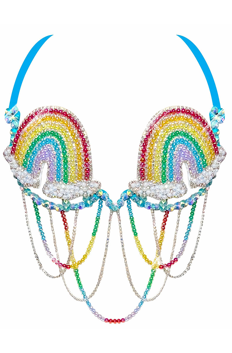 Decorative beaded festival bra with rainbow-arch beaded cup patches on white pearl cloud bases and multi-color beaded swag chains