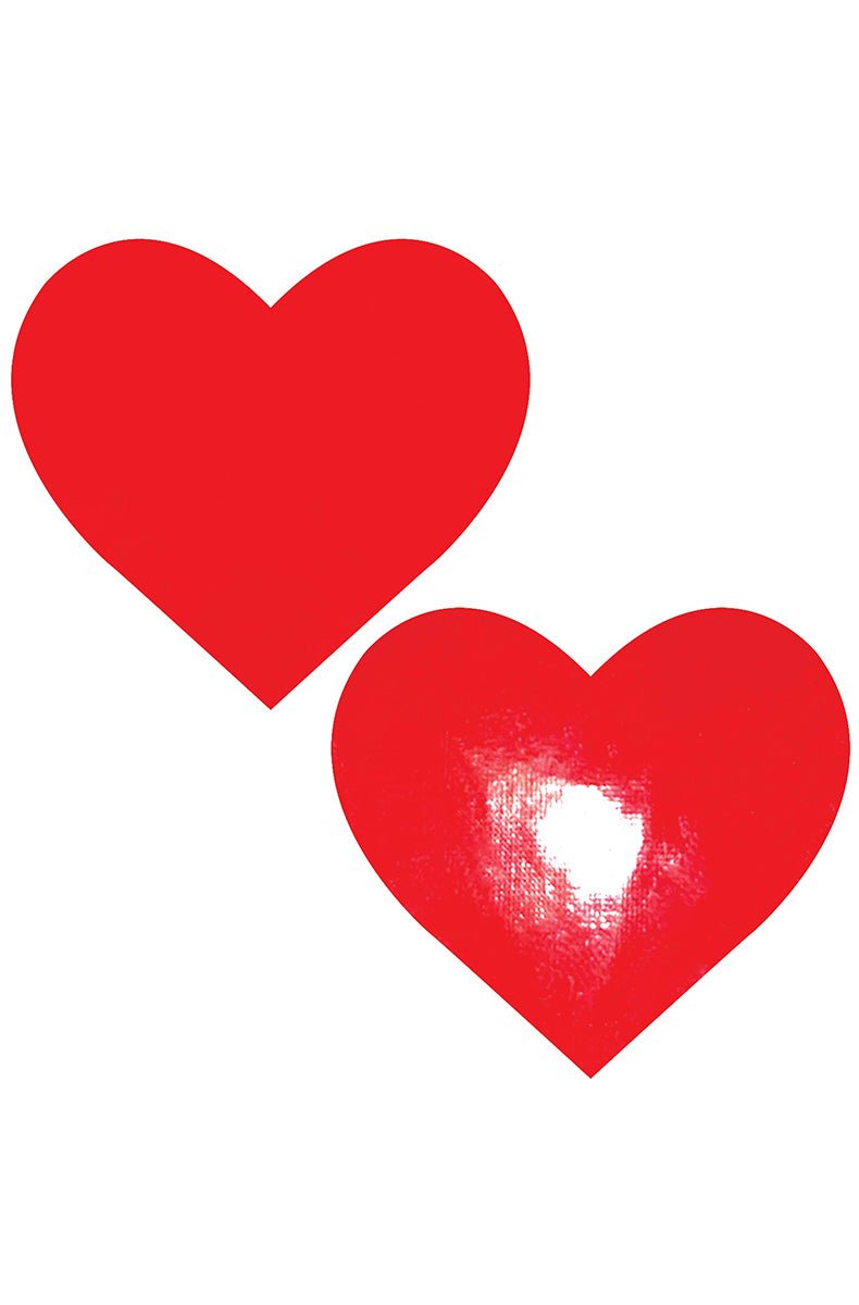 Two extra-large heart-shaped pasties in glossy wet-look red vinyl, sized for fuller nipple and breast coverage.