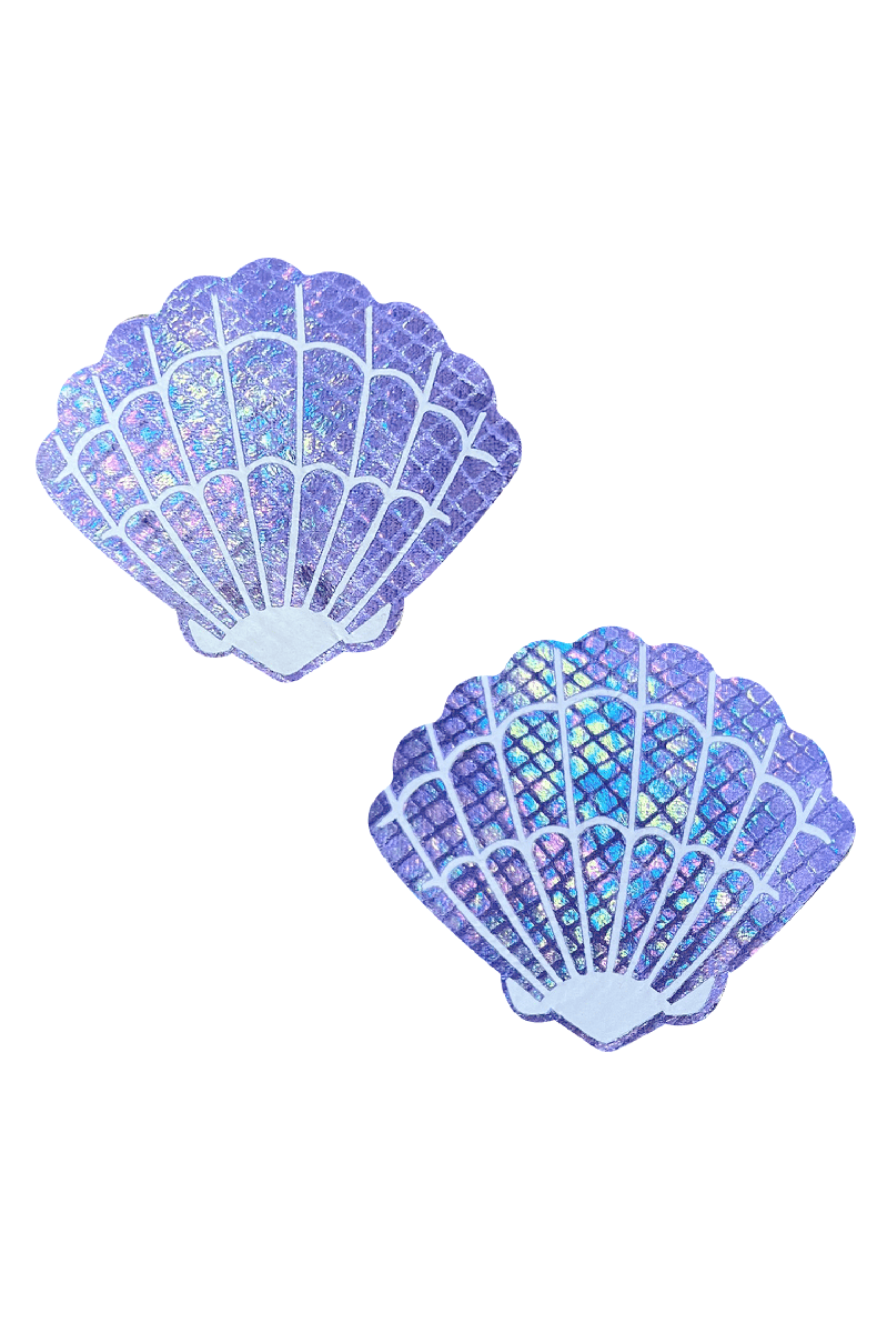 Two scallop-shell-shaped pasties in iridescent purple-lavender holographic finish with white cutout shell-rib detail.