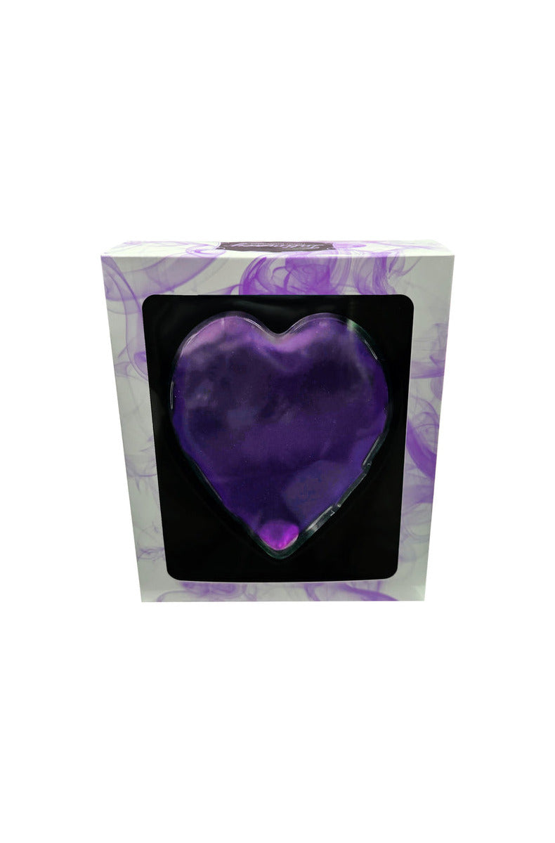 Purple heart-shaped gel warming massager with a metal click disk in a white window box with purple smoke graphics.