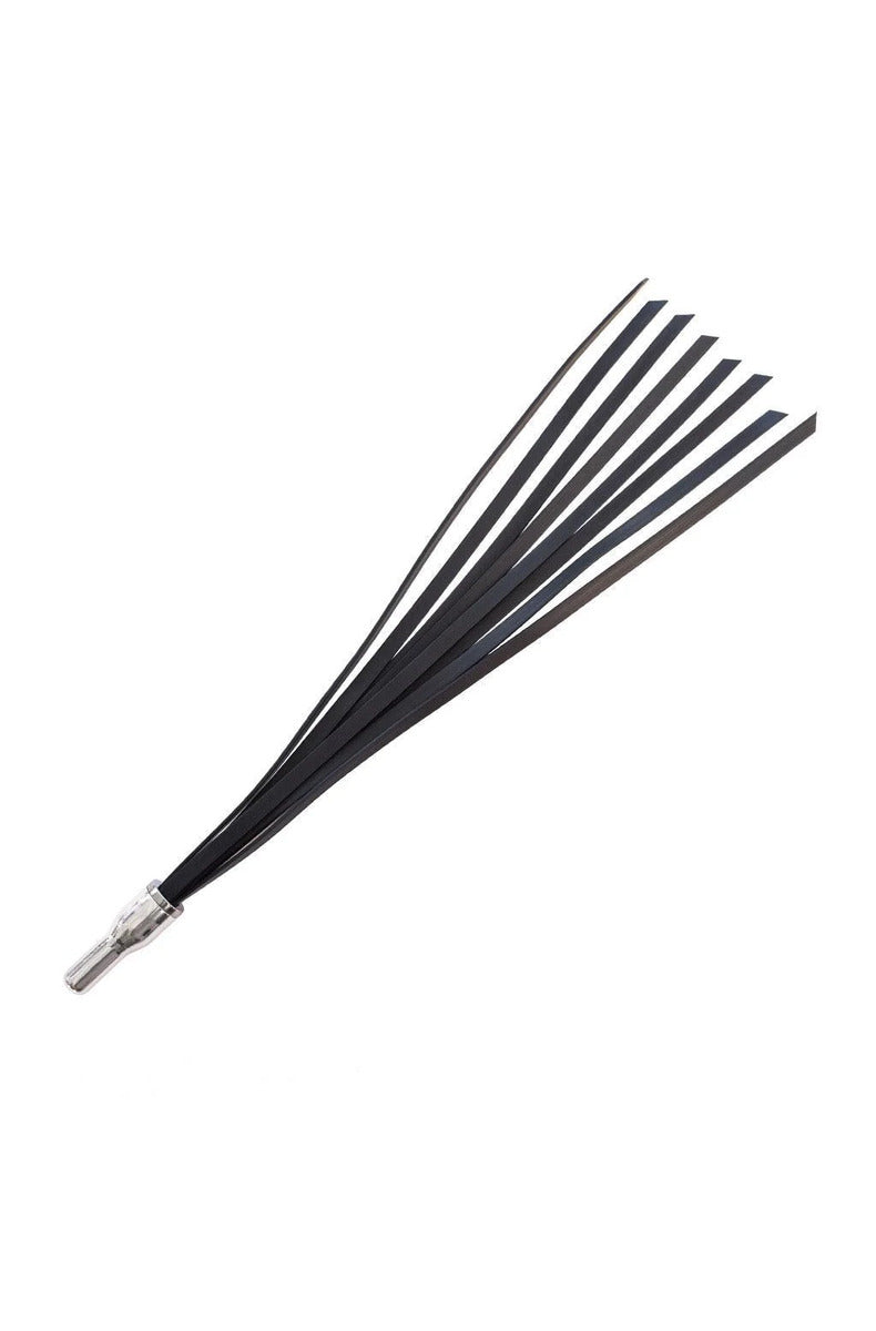 Black conductive silicone KinkLab Electro Whip flogger with flat tails and a polished aluminum Neon Wand connector.