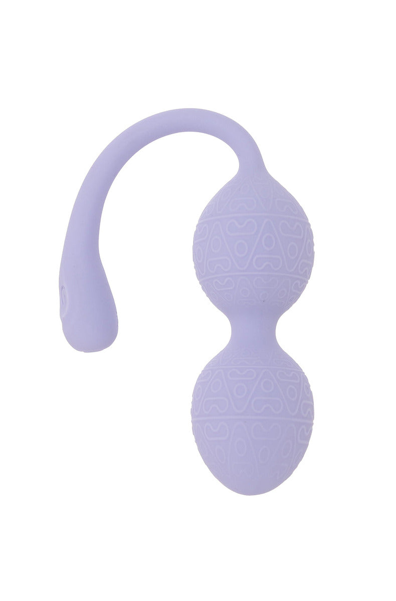 Lavender textured silicone duo-bead kegel vibrator with a curved silicone retrieval tail and control button.