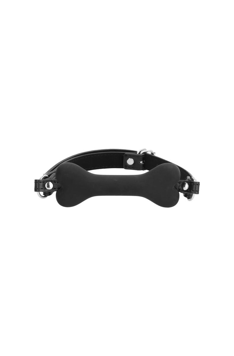 Ouch! Puppy Play silicone bone gag in black with adjustable bonded leather straps