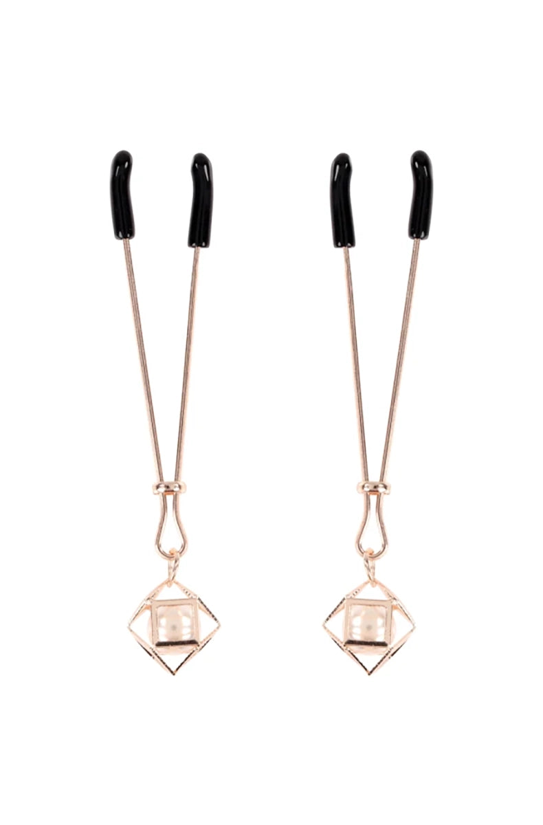 Rose-gold tweezer-style nipple clamps with black thermoplastic rubber tips connected by a faux pearl chain.
