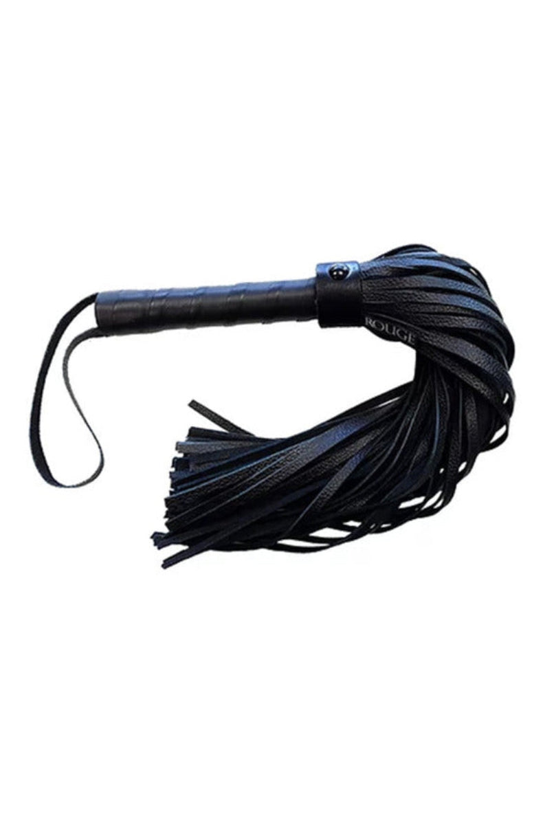 Rouge long genuine leather flogger in all black with long tails, wrapped leather handle, black hardware, and leather wrist loop