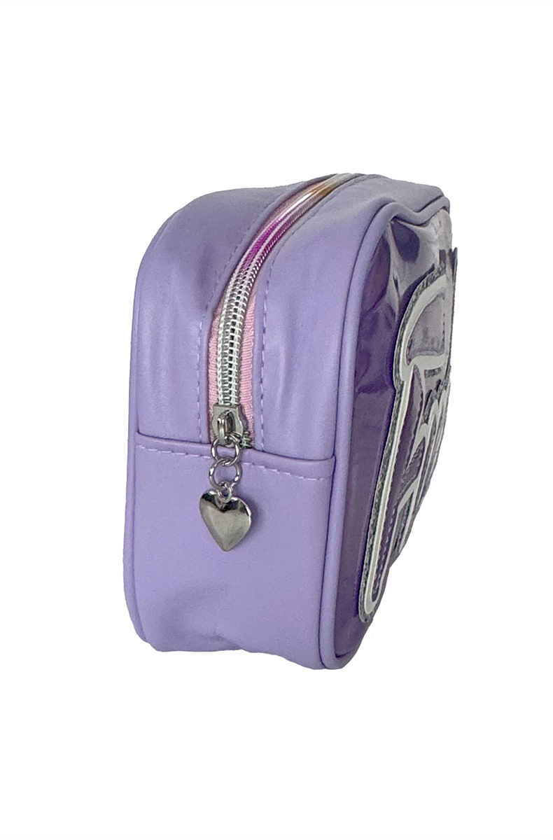 Iridescent purple holographic travel bag with bold "Fuck" lettering in script, outlined and trimmed in clear glitter, with a top metal zipper.