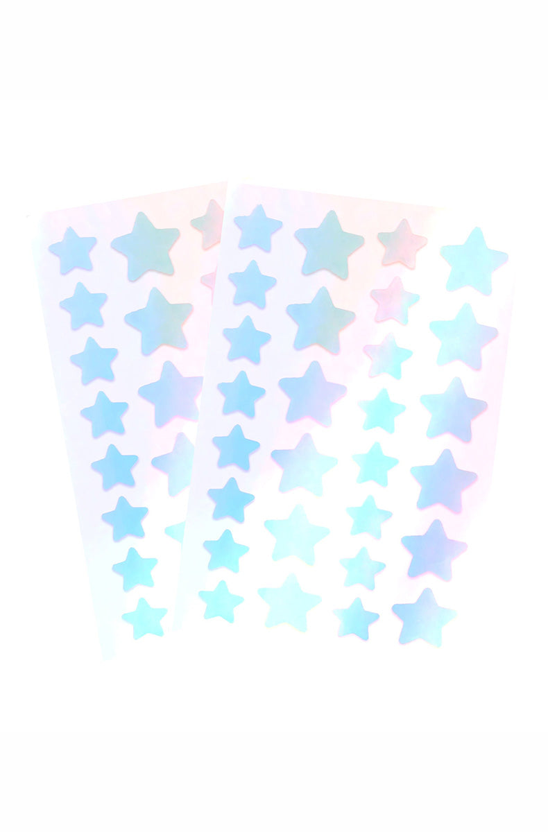 Holographic star acne patch sheet with iridescent pastel star-shaped hydrocolloid stickers in two sizes.