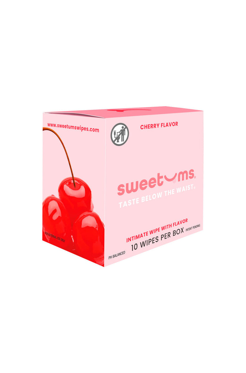 Sweetums Cherry flavor intimate wipes box, pink with cherries, 10 wipes per box.