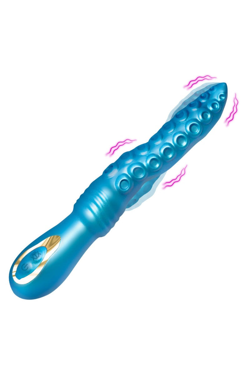 Iridescent blue tentacle textured vibrator shown full length with the control handle