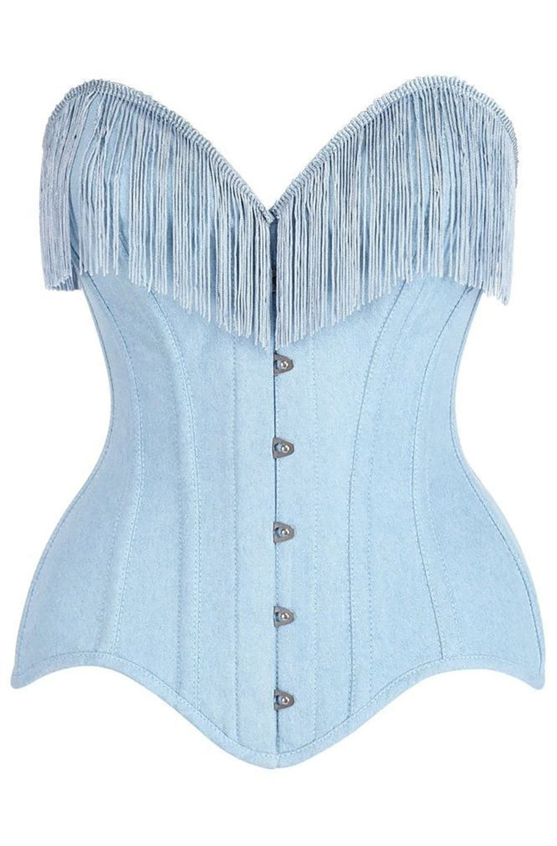 Light blue denim overbust steel-boned corset with sweetheart neckline and long denim fringe across the bust