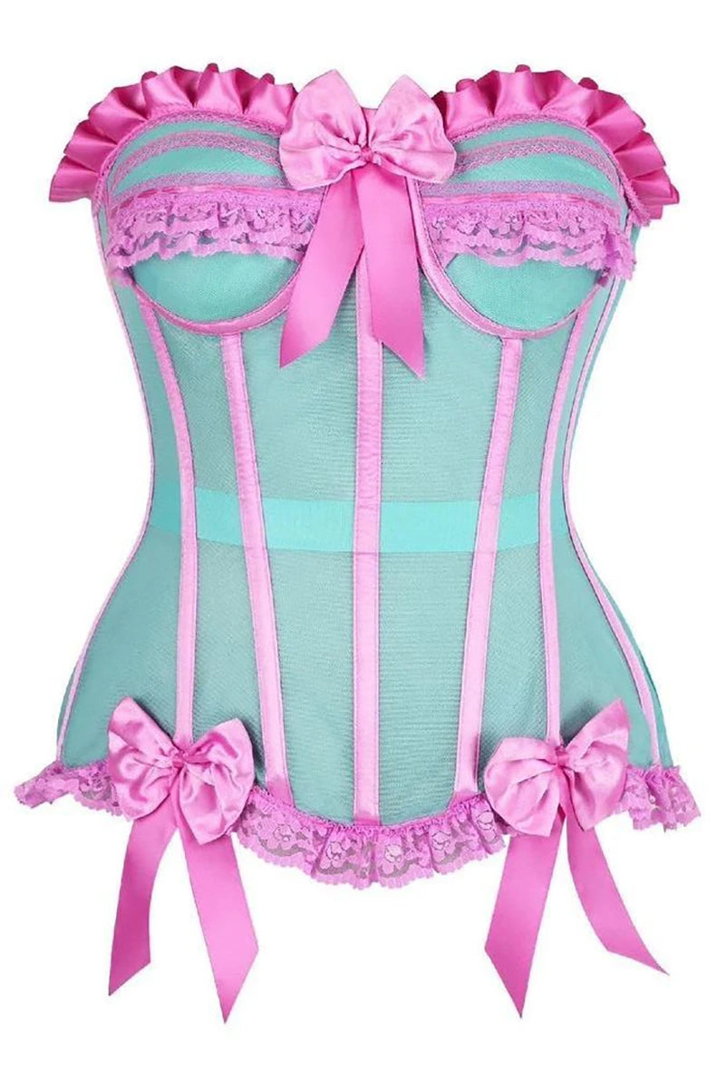Mint mesh steel-boned bustier with pink satin trim, lace ruffles, and pink satin bow accents