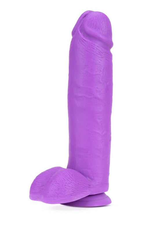 Angled view of purple dual density dildo showing realistic shaft texture