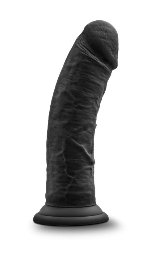 Angled view of black curved dildo showing curved shaft and rounded head detail