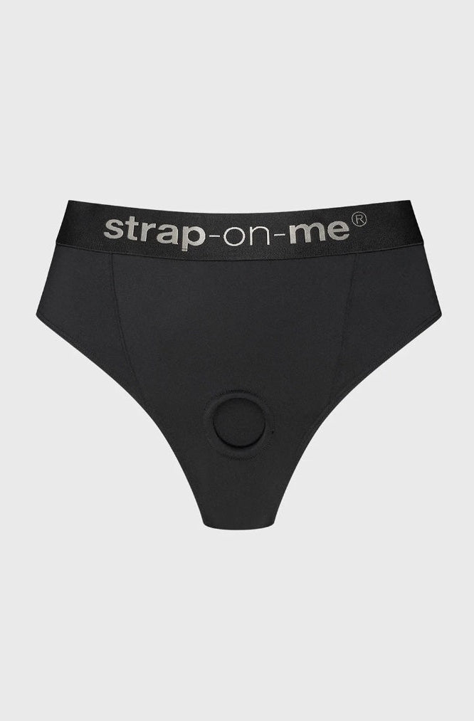 Front view of black high-waist harness brief with strap-on-me waistband and circular O-ring opening at front