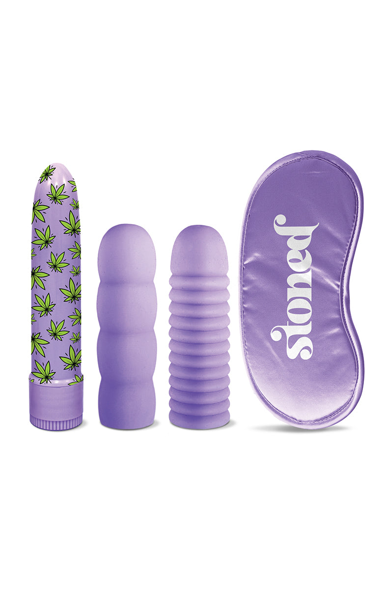 Purple 5 inch cannabis-leaf print classic vibrator, two purple textured sleeves, and a purple satin Stoned-print blindfold.