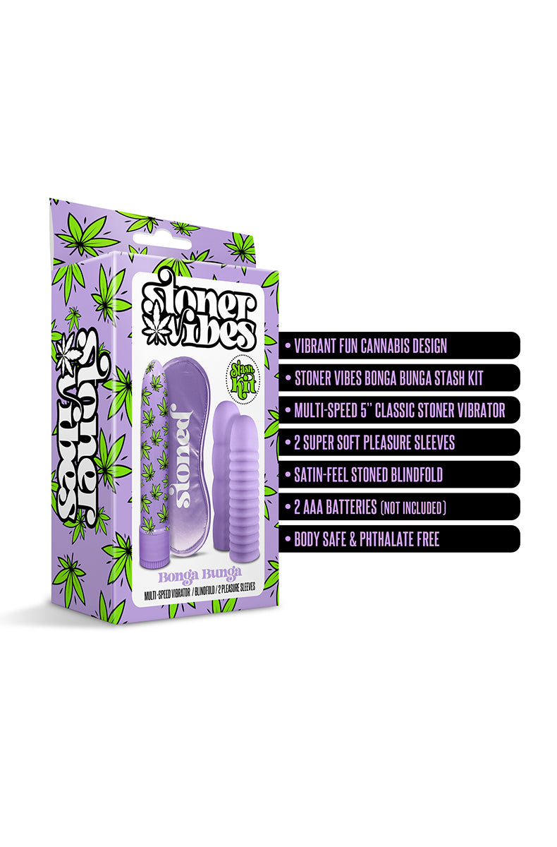 Stoner Vibes Bonga Bunga Stash Kit retail box, purple with green cannabis-leaf print, listing kit contents and features.