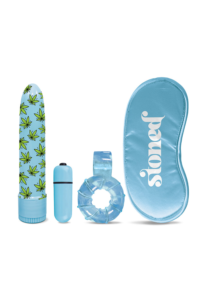 Stoner Vibes blue kit: 5 inch cannabis-print vibrator, blue bullet, stretchy ring with bullet pocket, stoned satin blindfold.
