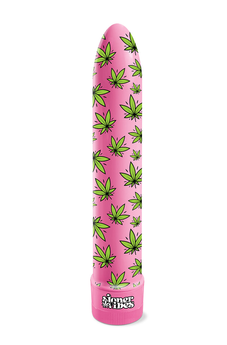 Hot pink 8 inch classic vibrator with green cannabis-leaf print and Stoner Vibes branded twist-dial base.
