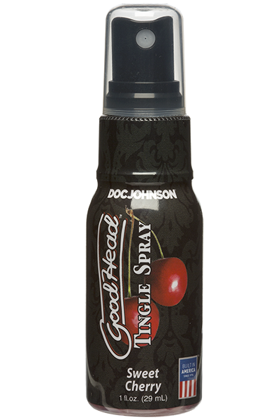 Front view of Doc Johnson GoodHead Tingle Spray in Salivating Strawberry, 1 fl oz black-label spray bottle.