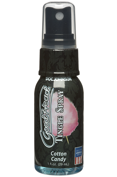 Front view of Doc Johnson GoodHead Tingle Spray in Cotton Candy, 1 fl oz black-label spray bottle.