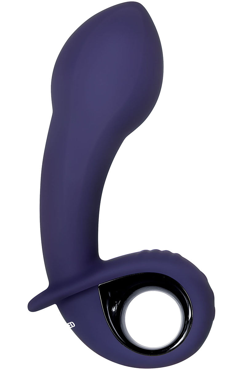 Front view of the deep navy silicone Inflatable G-spot vibrator with curved shaft and finger-loop control base.
