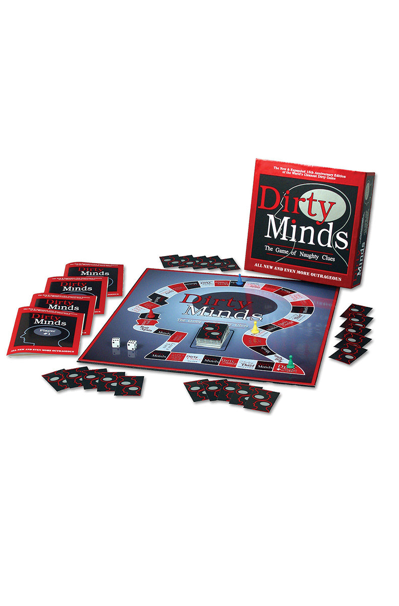 Side view of Deluxe Dirty Minds board game box showing the game board, dice, and puzzle booklets.