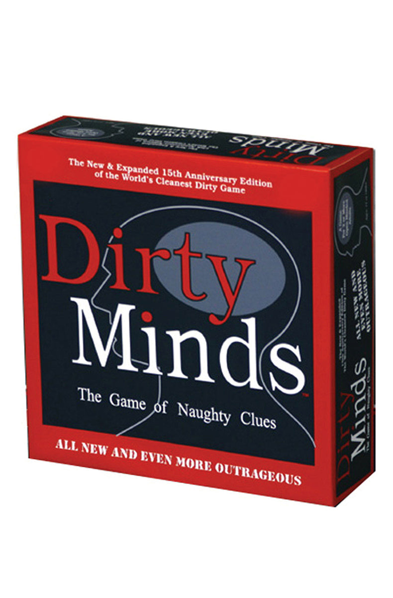 Deluxe Dirty Minds adult board game box with the game board, dice, puzzle booklets, pencils, and markers laid out for play.
