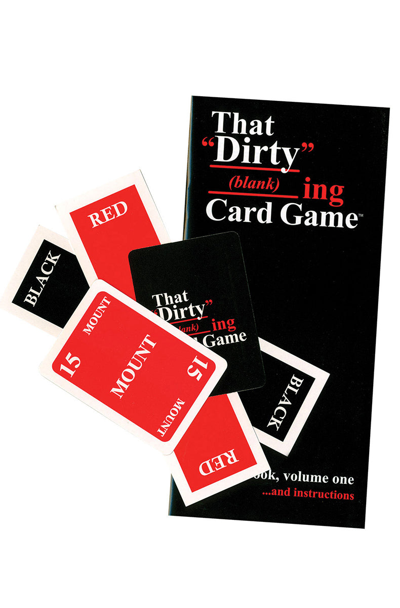 That Dirty (blank)ing Card Game box with a stack of word cards and a story booklet laid out for fill-in-the-blank adult play.