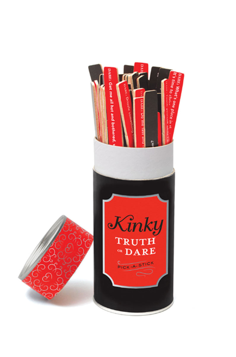 Stack of 50 wooden Kinky Truth or Dare Pick a Stick game sticks printed with a truth on one side and a dare on the other.