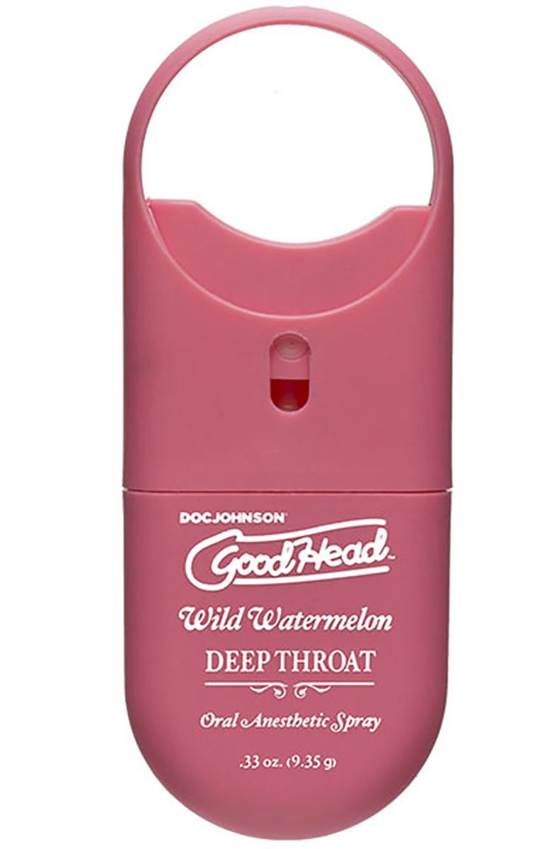 Front view of Doc Johnson GoodHead Deep Throat To-Go Wild Watermelon oral spray in a soft pink pocket case, 0.33 oz / 9.35 g.