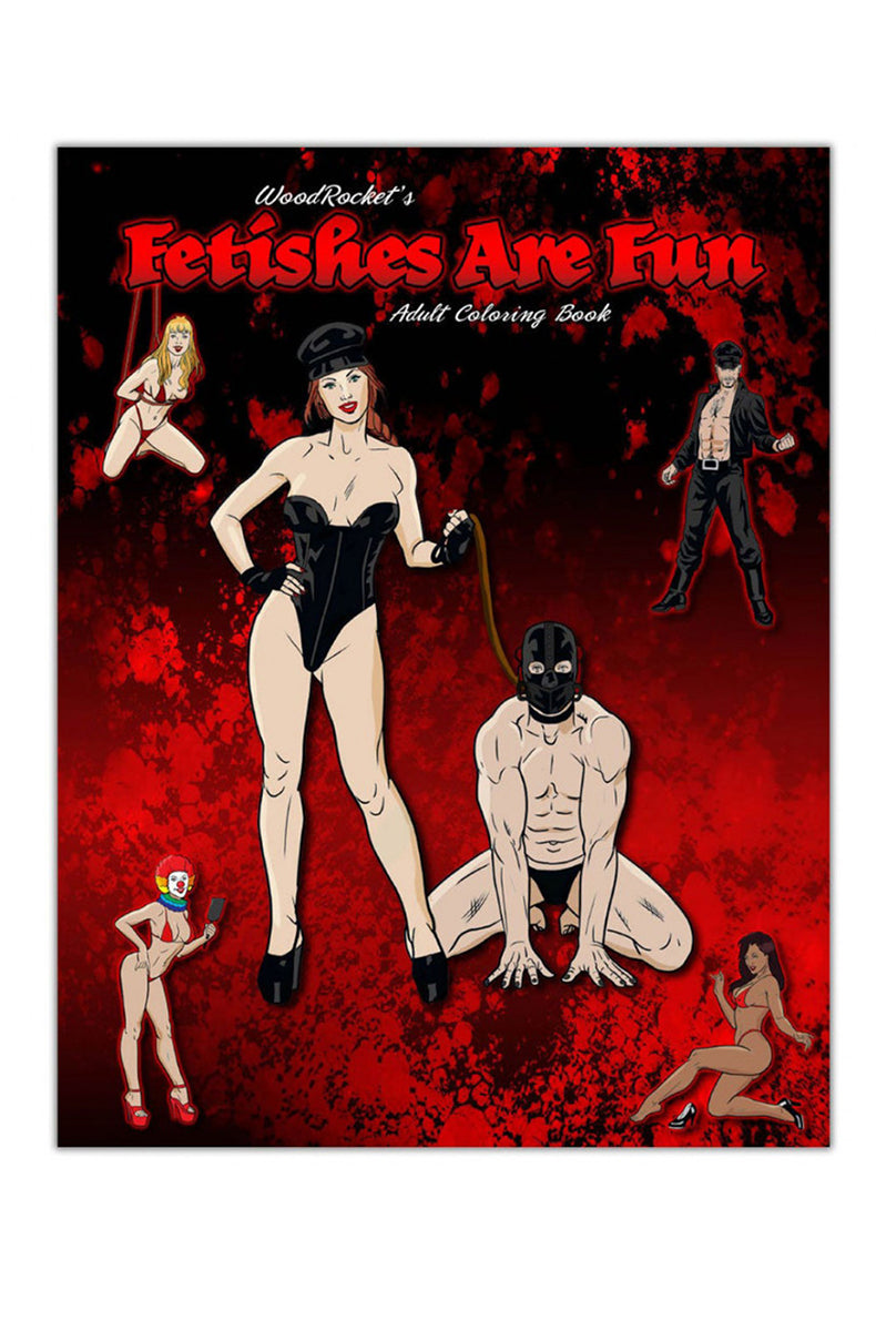 Cover of Fetishes Are Fun Coloring Book showing kink-themed line-art imagery and an adults-only label.