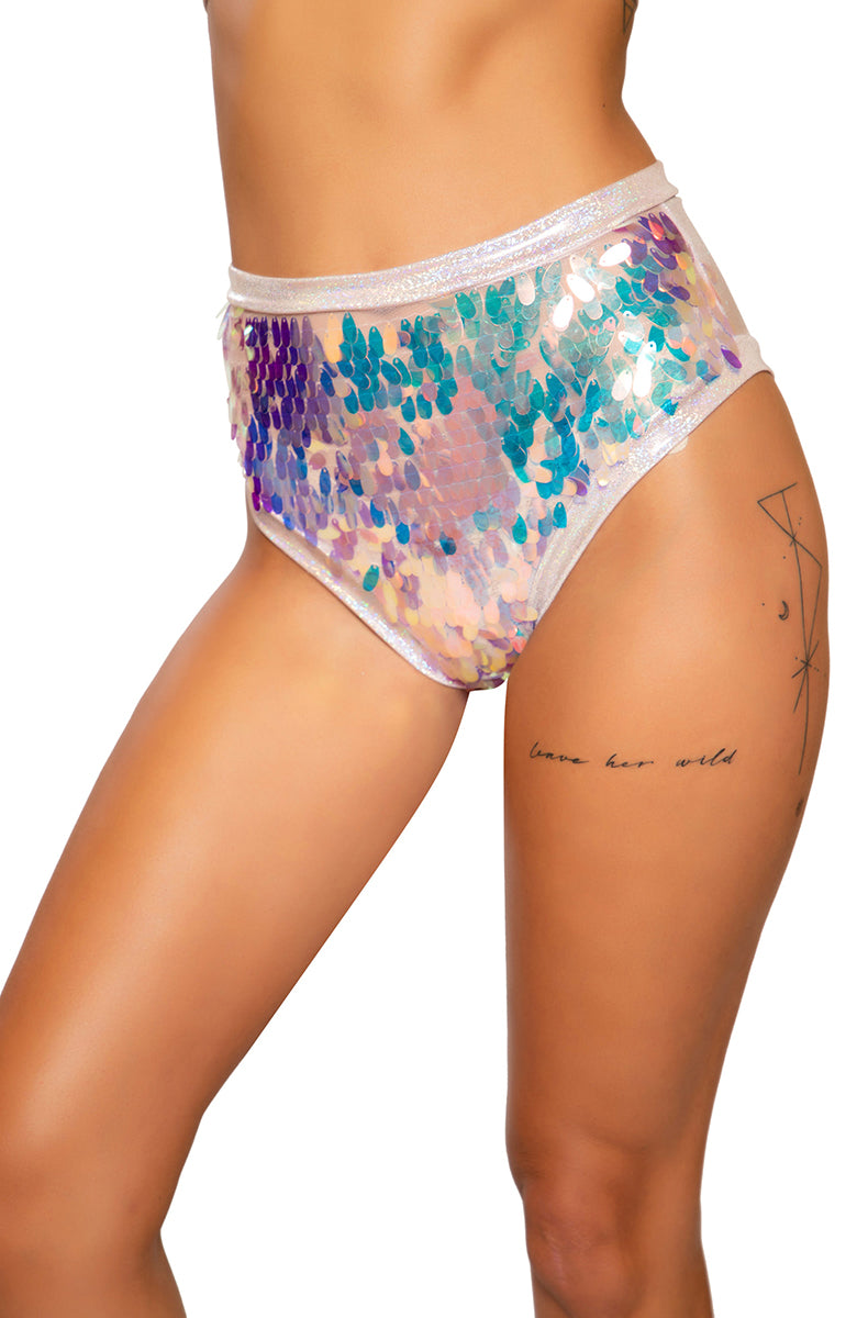 High-waist shorts in baby pink iridescent shimmer with all-over pastel oval sequins