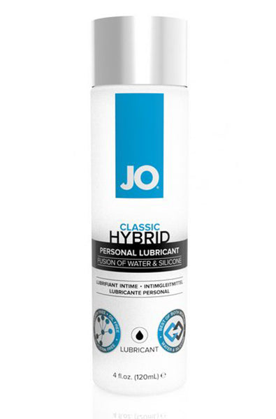 System JO Classic Hybrid lubricant in a clear bottle with blue and white label, water and silicone fusion, 4 fl oz.