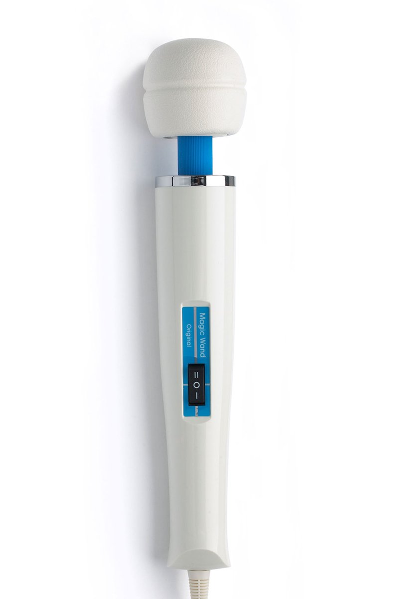 Magic Wand Original plug-in massager with white textured silicone head, blue rocker switch, white handle, and power cord.