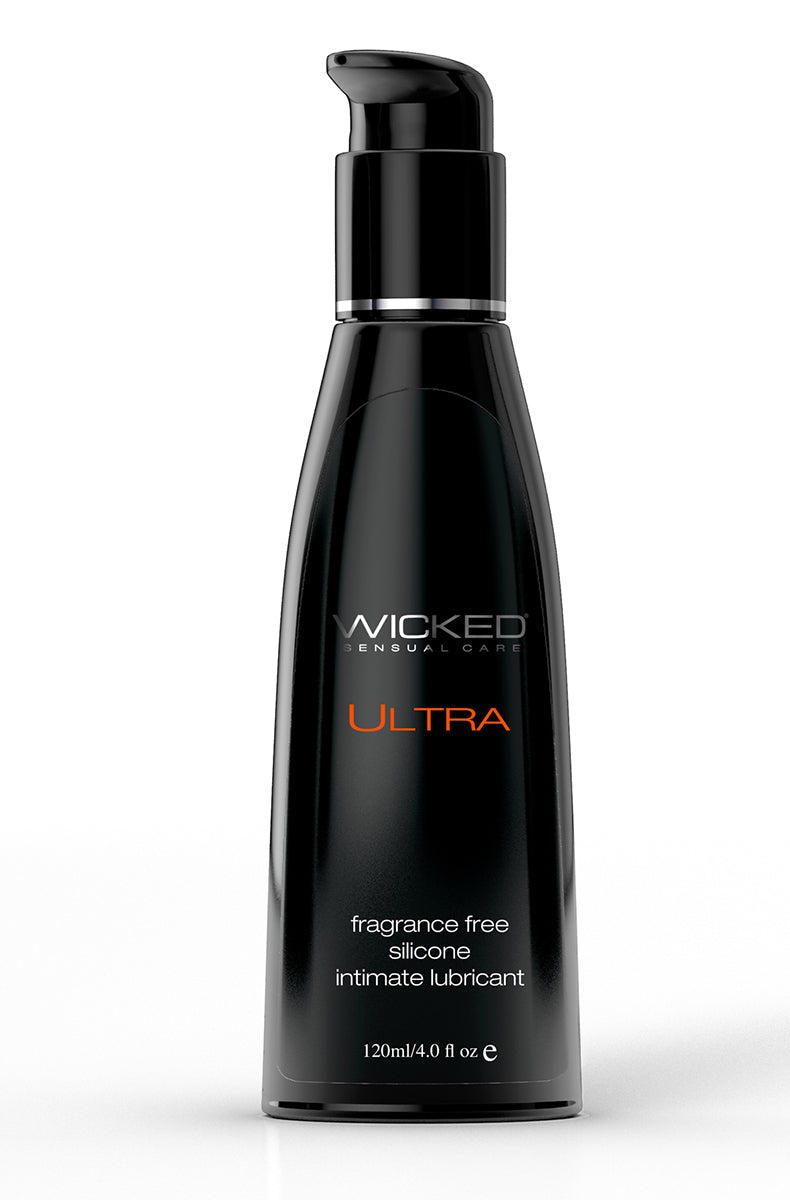 Black pump bottle of Wicked Ultra fragrance free silicone intimate lubricant, 4 fl oz / 120 ml.