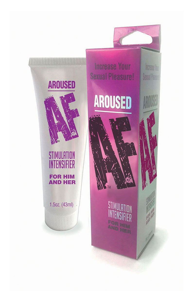 Aroused AF stimulation intensifier 1.5 oz white tube beside its pink-and-purple carton.