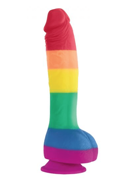 Silicone Pride dildo with red head, orange to blue shaft stripes, attached pink balls, and a pink suction cup base.