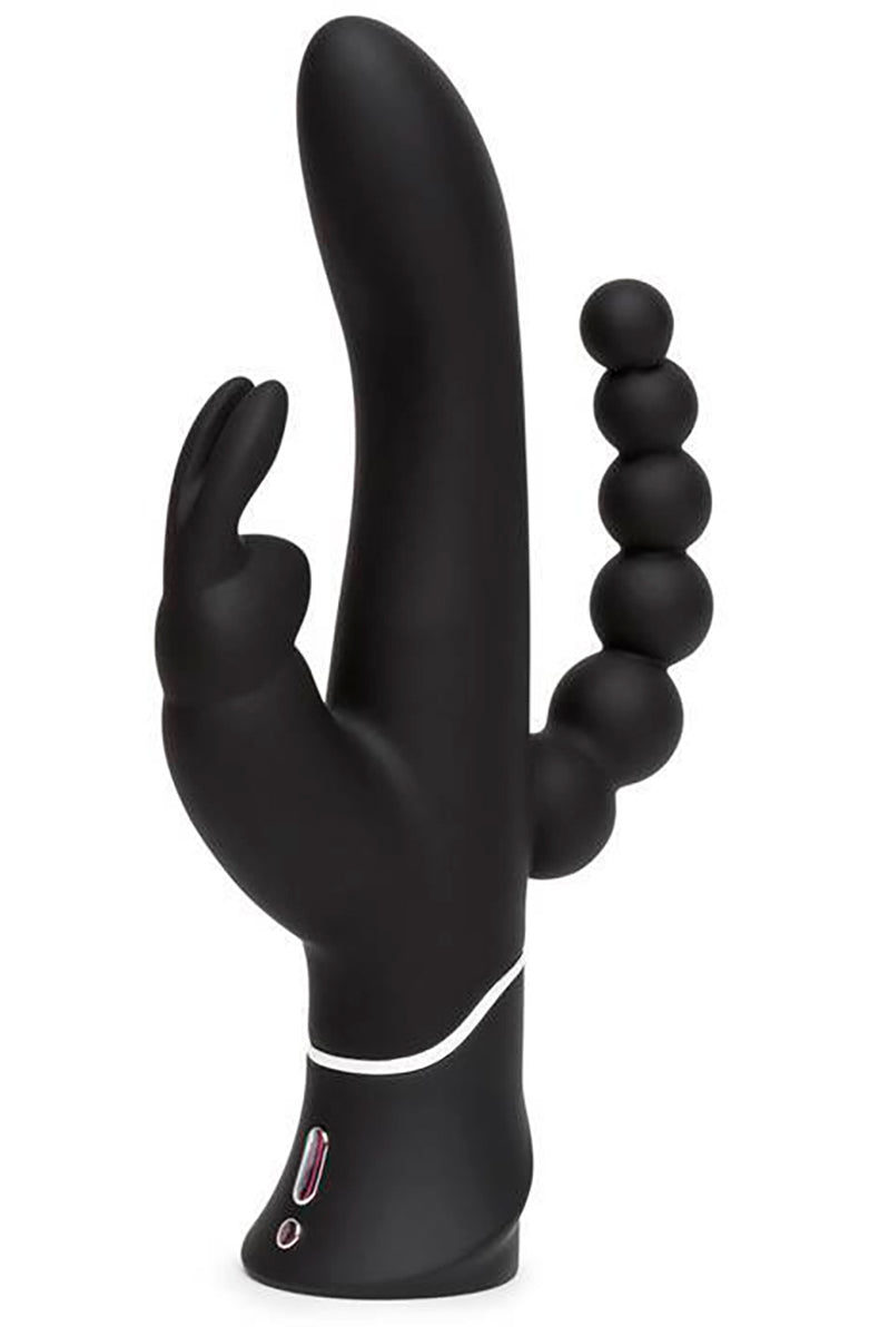 Black silicone Happy Rabbit Triple Curve vibrator with G-spot shaft, vibrating rabbit-ear arm, and beaded anal arm.
