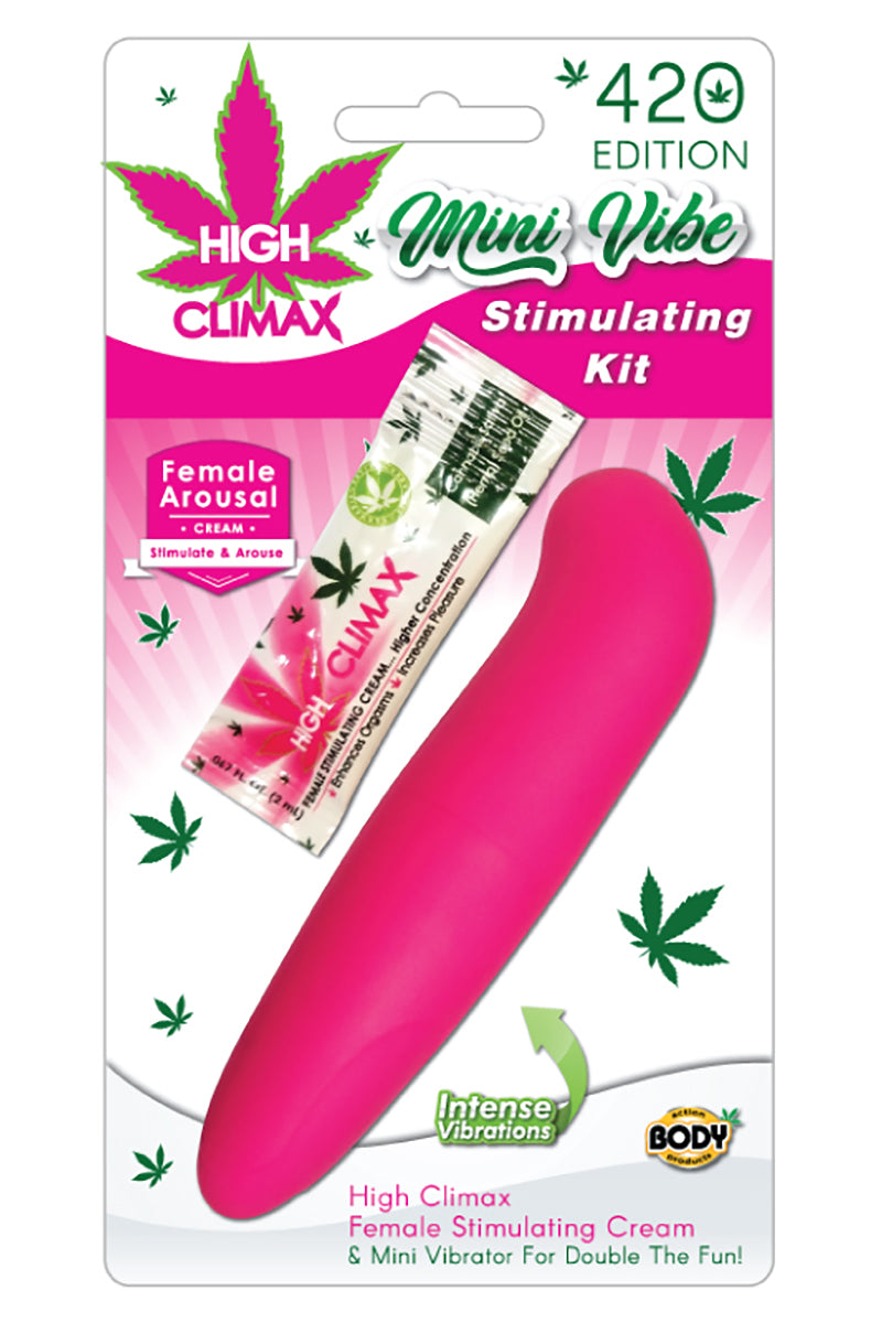 High Climax 420 Edition kit blister pack with a pink smooth mini vibrator and a sachet of arousal cream, cannabis leaves.