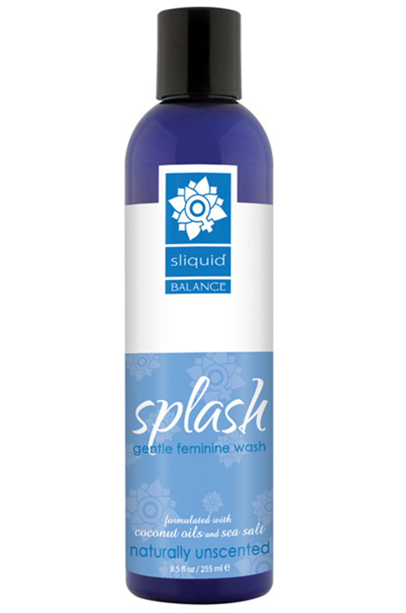 Sliquid Splash naturally unscented gentle feminine wash in a dark blue bottle with white and blue label, 8.5 fl oz.