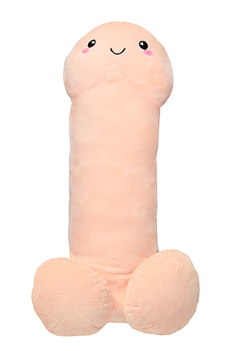 Soft 12 inch plush penis pillow in pink and tan cotton-polyester fabric, sized for cuddling and bedside display.