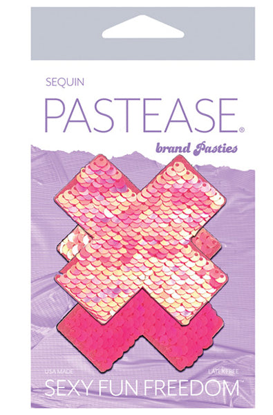 Two X-shaped flip-sequin pasties in hot pink with iridescent pearl-cream showing on the partially-flipped reverse.