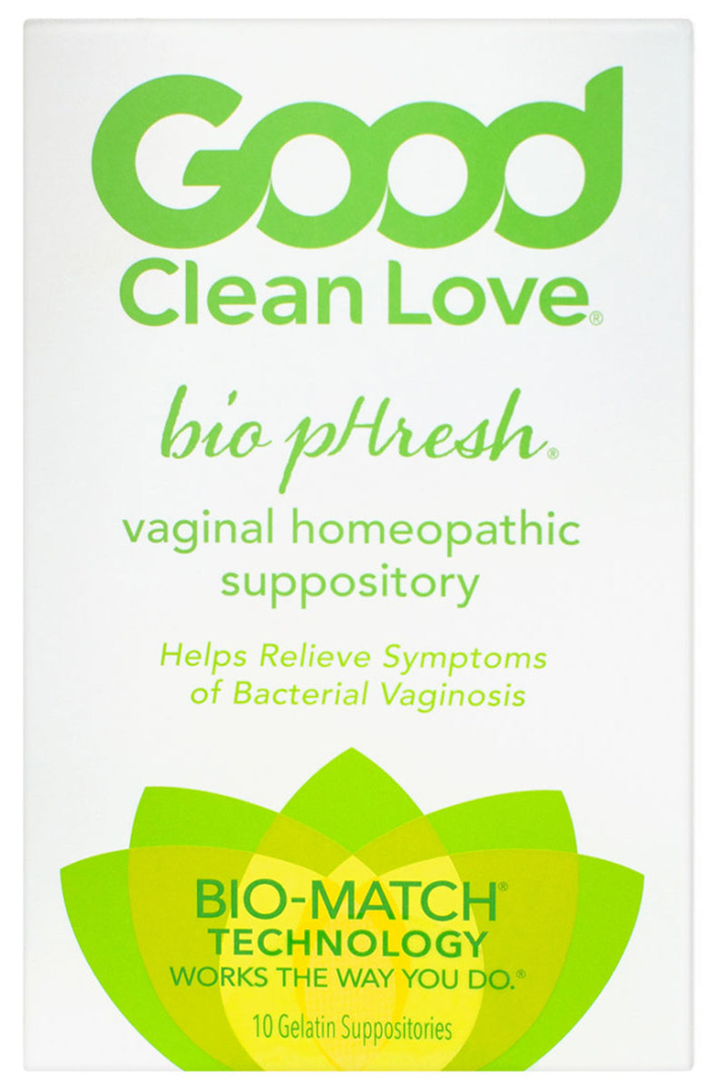 White retail box of Good Clean Love BiopHresh vaginal homeopathic suppository, 10 gelatin suppositories, green lotus logo.