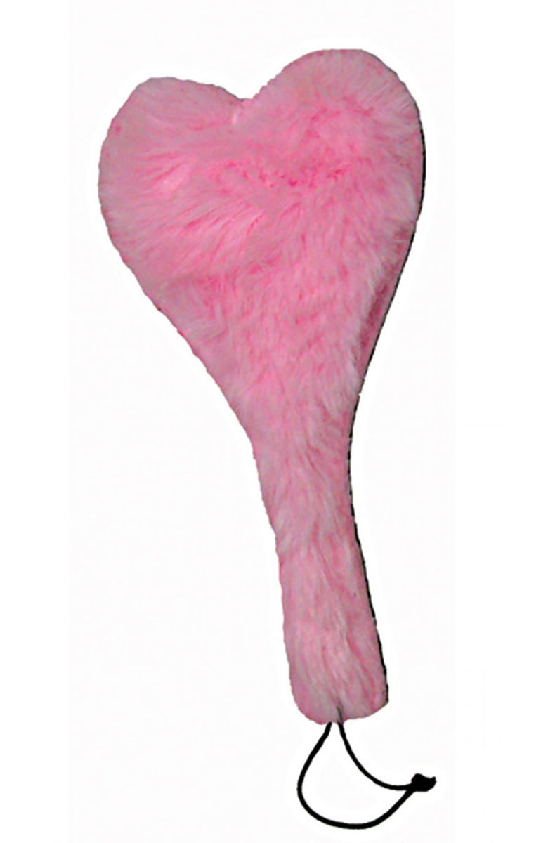 Pink plush heart shaped paddle with short handle and wrist loop on white background